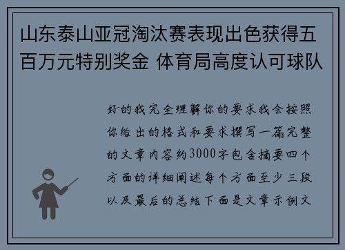 山东泰山亚冠淘汰赛表现出色获得五百万元特别奖金 体育局高度认可球队努力