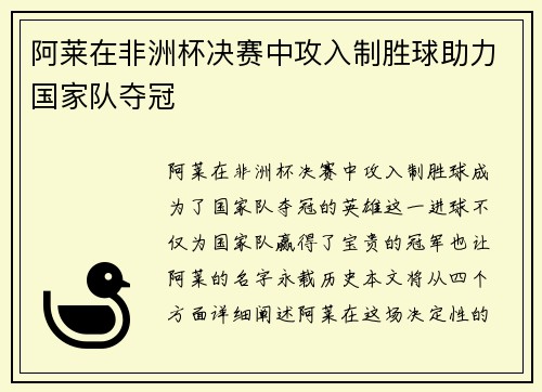 阿莱在非洲杯决赛中攻入制胜球助力国家队夺冠