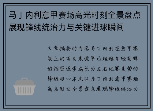 马丁内利意甲赛场高光时刻全景盘点展现锋线统治力与关键进球瞬间 马丁内利意甲赛场高光时刻全景盘点展现锋线统治力与关键进球瞬间
