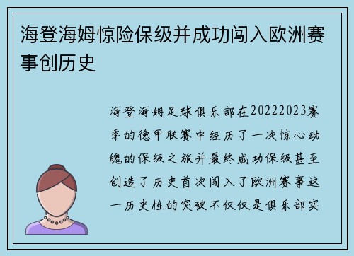 海登海姆惊险保级并成功闯入欧洲赛事创历史